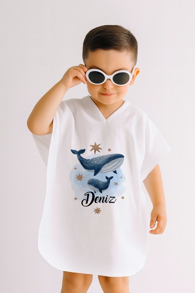 %100 Pamuk Müslin Kapüşonlu Bebek Çocuk Panço Bornoz Balina 5-6 Yaş - Krem