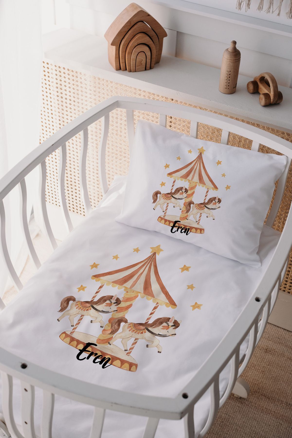 %100 Pamuk Saten Anne Yani Beşik Nevresim Takımı Atlı karınca