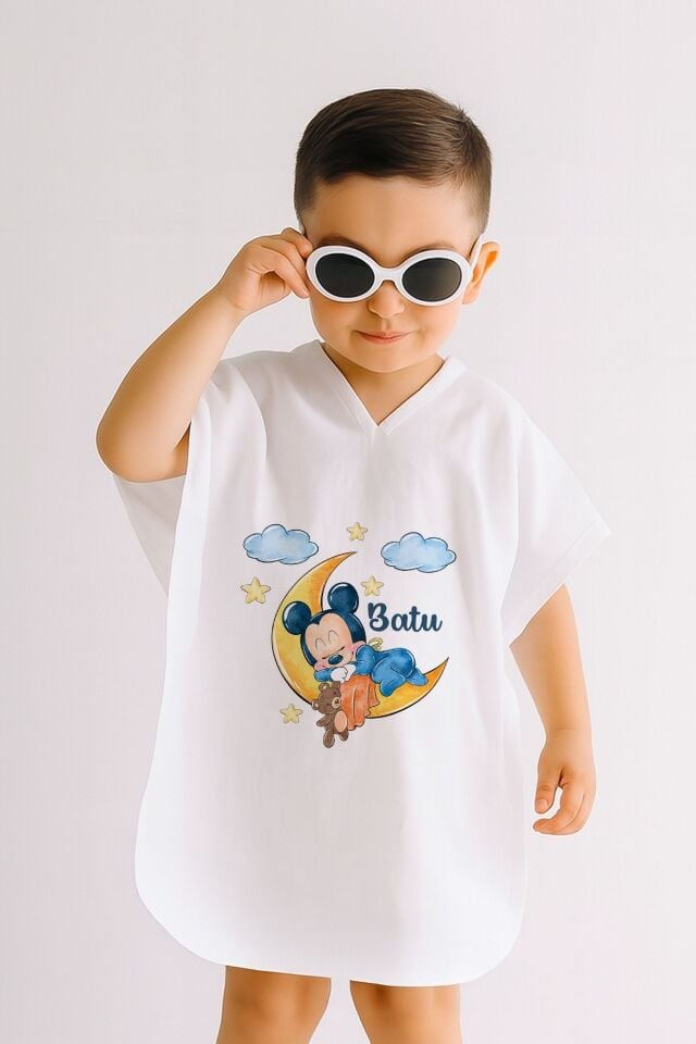 %100 Pamuk Müslin Kapüşonlu Bebek Çocuk Panço Bornoz Mickey Mouse