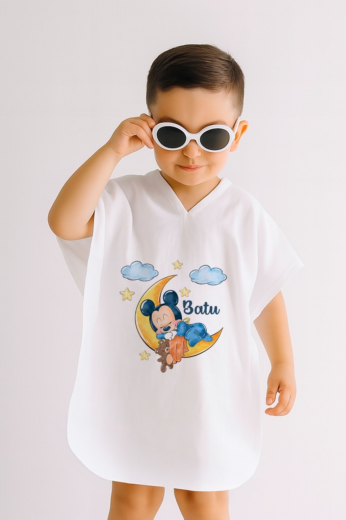 %100 Pamuk Müslin Kapüşonlu Bebek Çocuk Panço Bornoz Mickey Mouse 3-4 Yaş - Krem