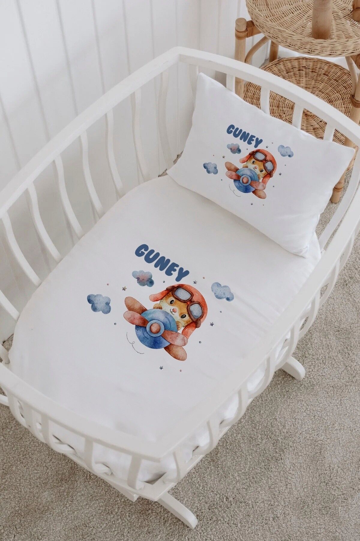 İsme Özel %100 Pamuk Park Yatak Çarşaf Seti  Minik Pilot