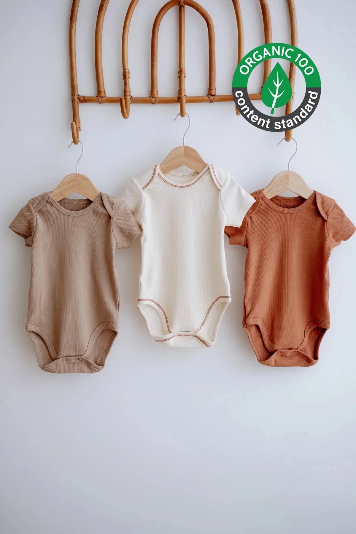 3lü Pamuklu Kaşkorse Kısa Kollu Body Set Taş/Ekru/Kiremit
