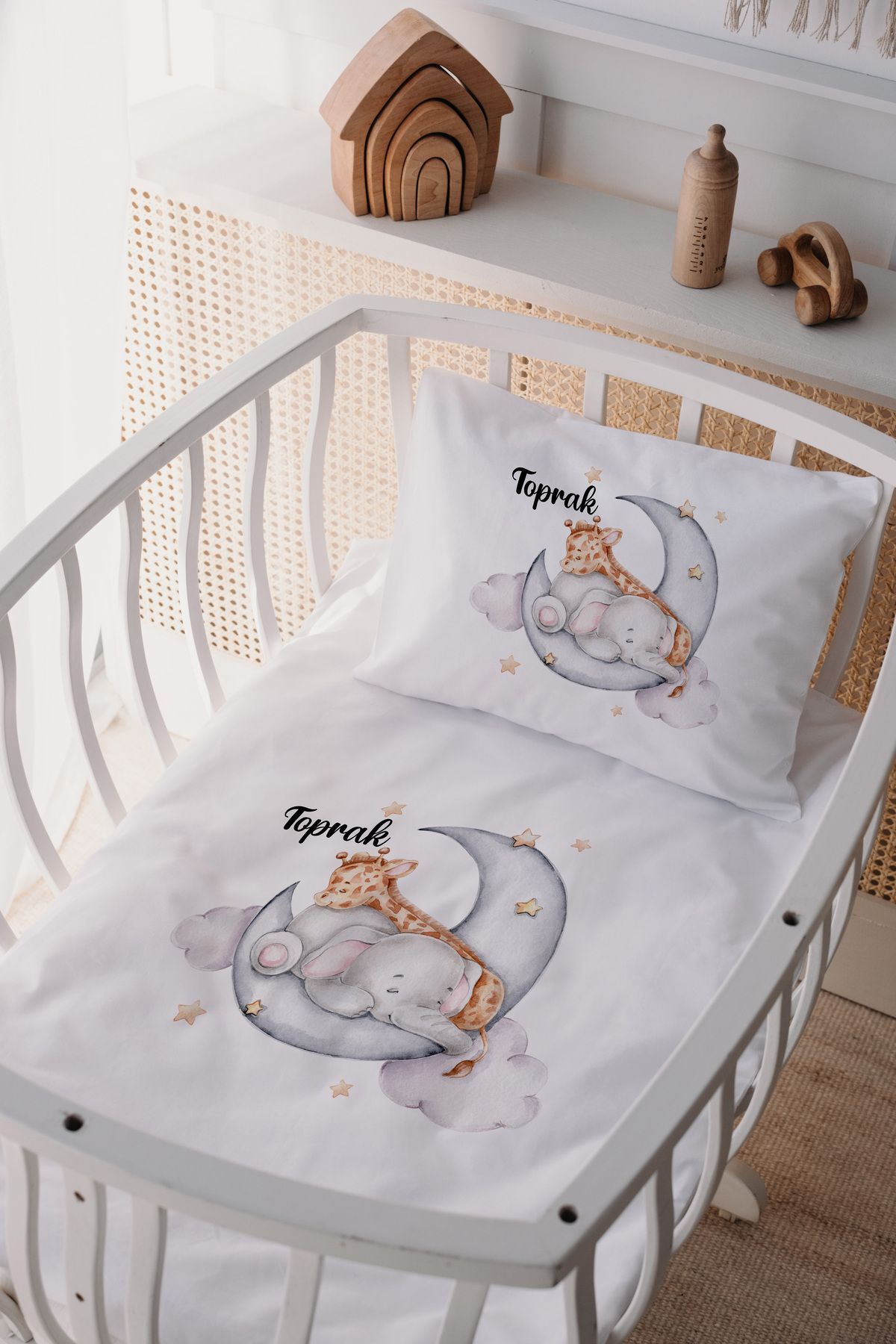 %100 Pamuk Saten Anne Yani Beşik Nevresim Takımı Fil