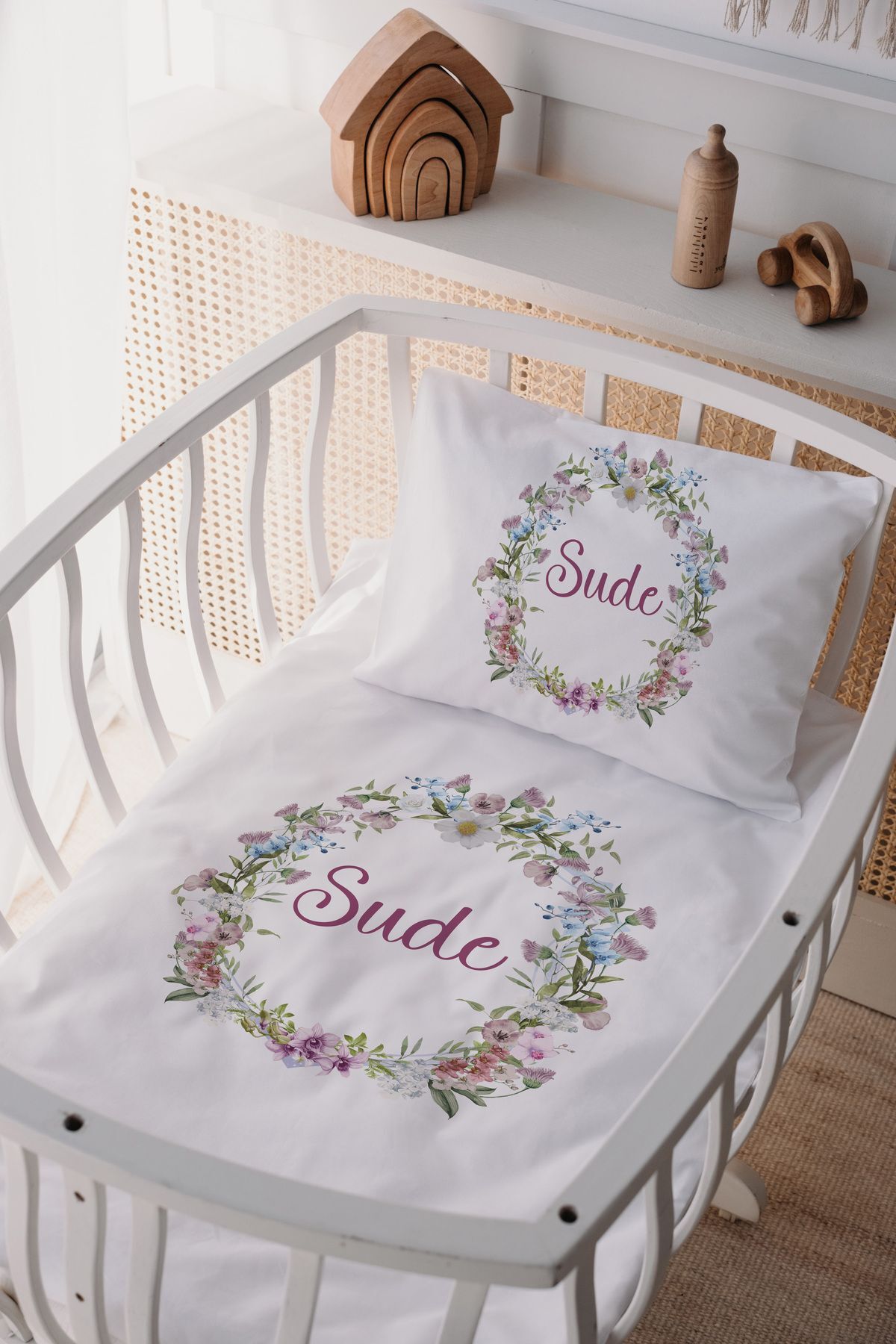 %100 Pamuk Saten Anne Yani Beşik Nevresim Takımı Çiçek