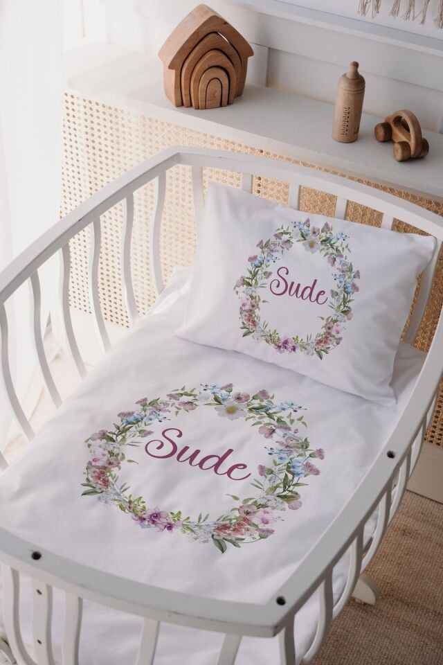 %100 Pamuk Saten Anne Yani Beşik Nevresim Takımı Çiçek