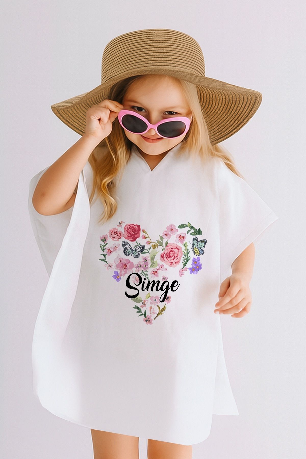 %100 Pamuk Müslin Kapüşonlu Bebek Çocuk Panço Bornoz Çiçekli Kalp