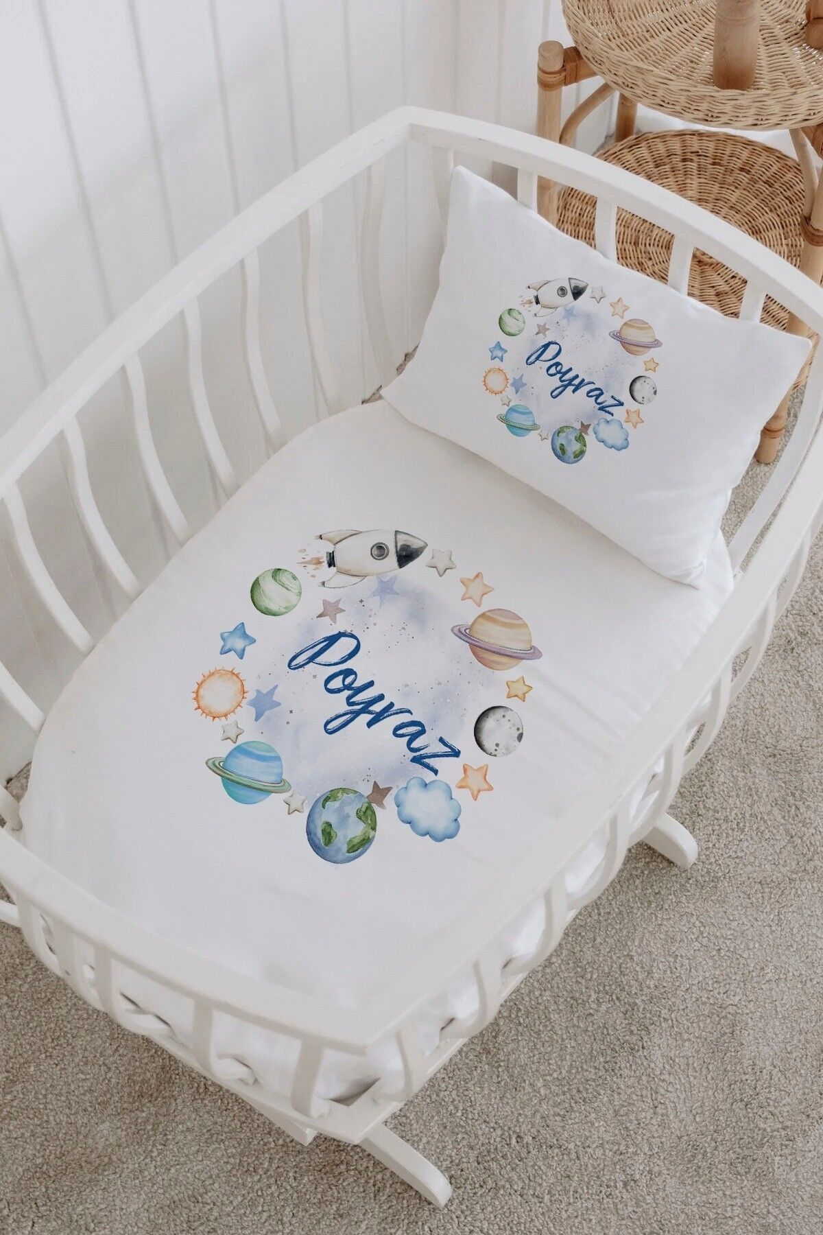 İsme Özel %100 Pamuk Park Yatak Çarşaf Seti  Uzay