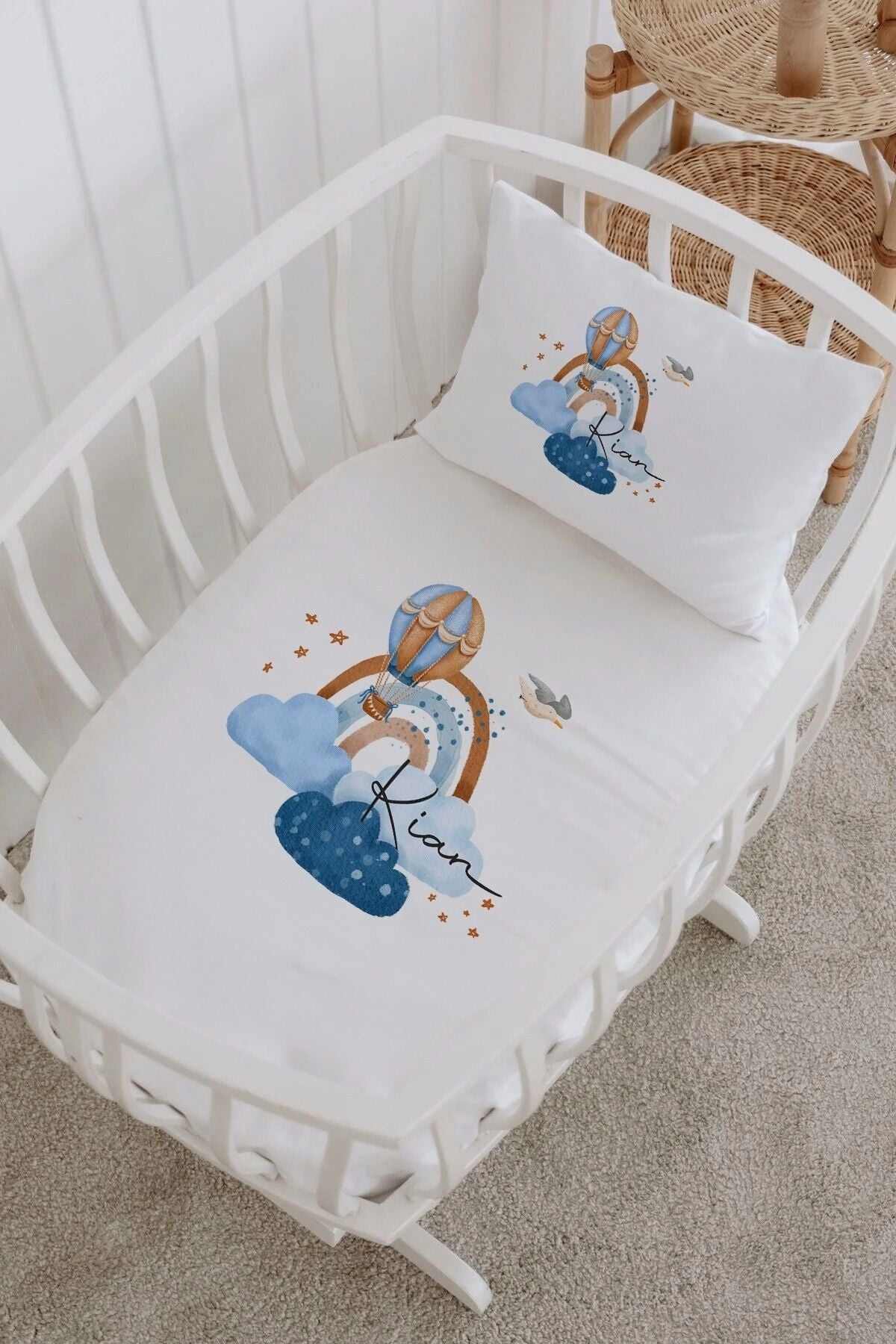 İsme Özel %100 Pamuk Park Yatak Çarşaf Seti  Mavi Balon