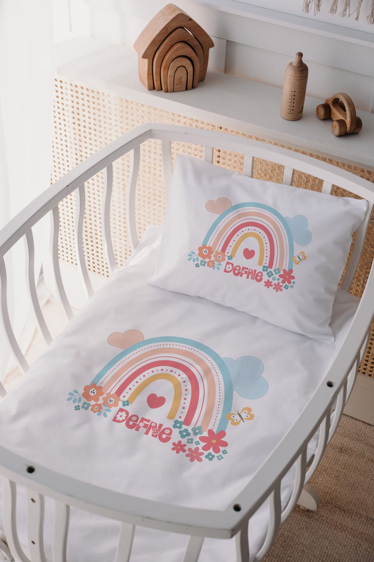 %100 Pamuk Saten Anne Yani Beşik Nevresim Takımı Gökkuşağı