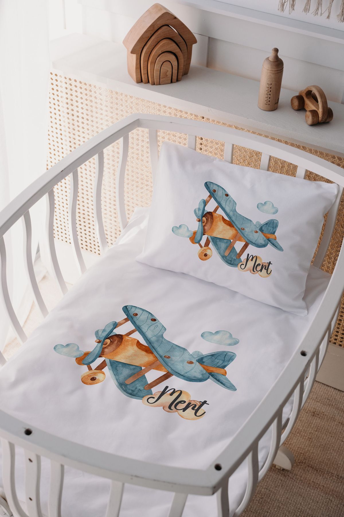 %100 Pamuk Saten Anne Yani Beşik Nevresim Takımı Uçak