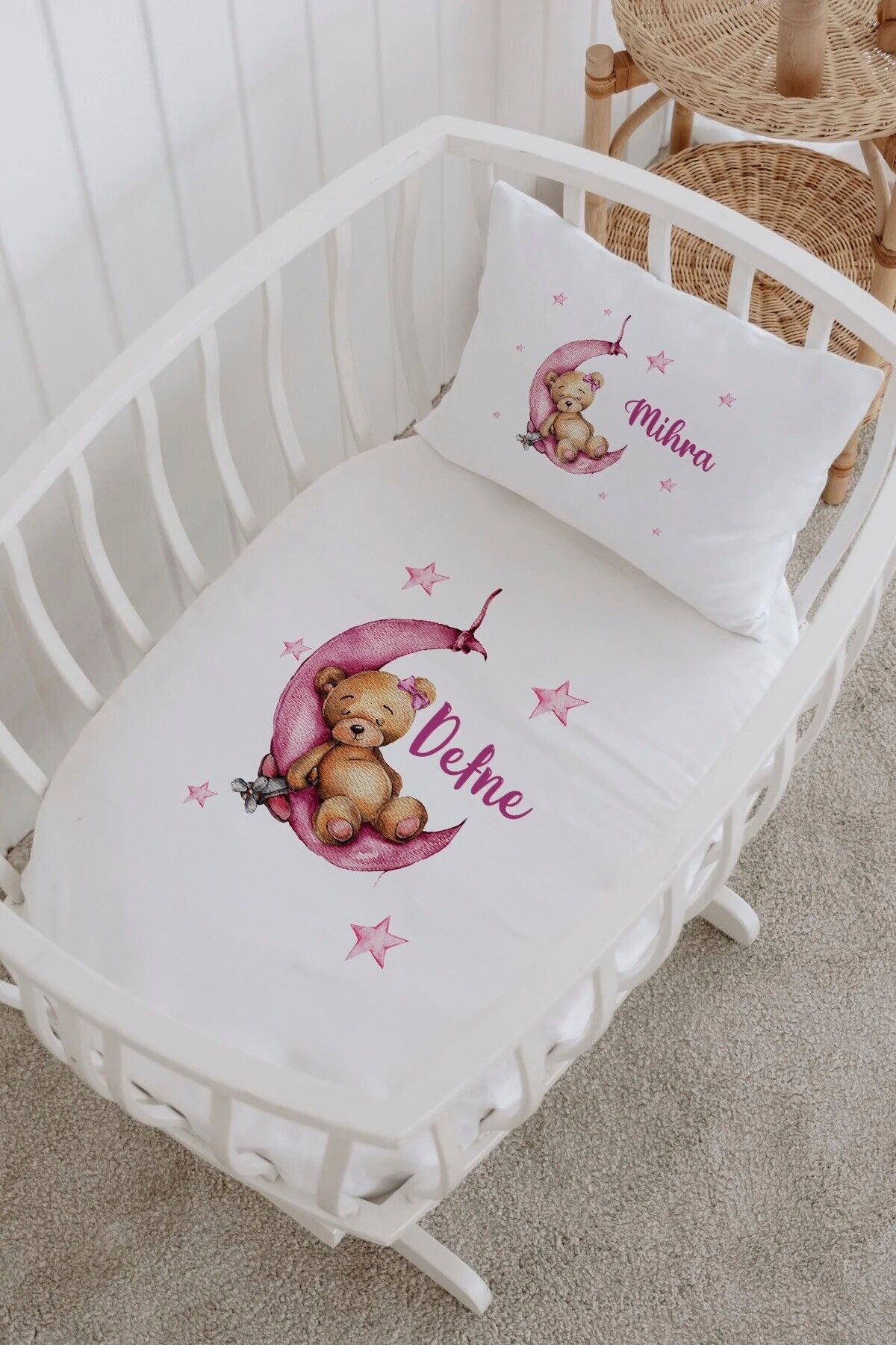 İsme Özel %100 Pamuk Park Yatak Çarşaf Seti Pembe Ayıcık