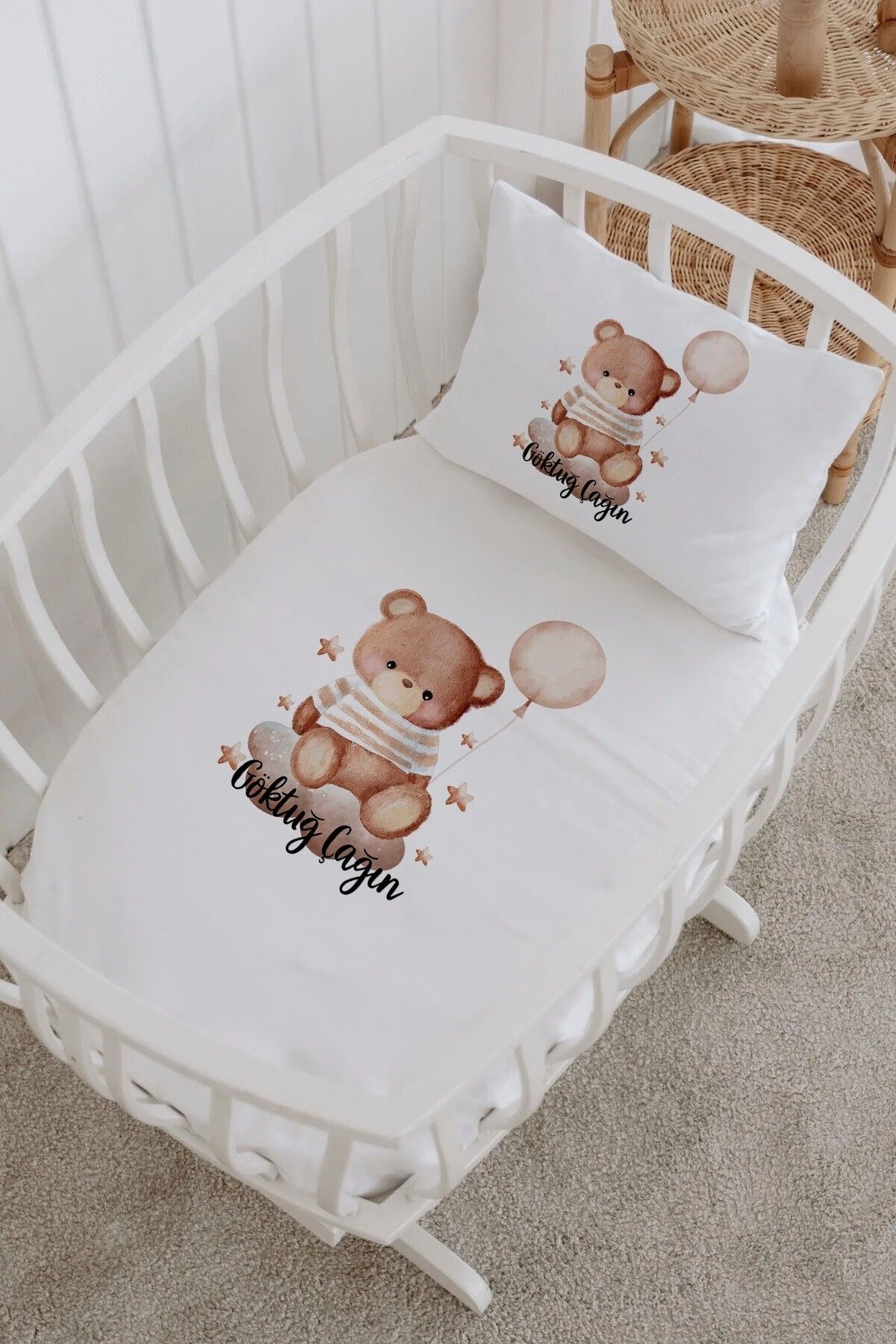 İsme Özel %100 Pamuk Park Yatak Çarşaf Seti  Bulutta Ayıcık