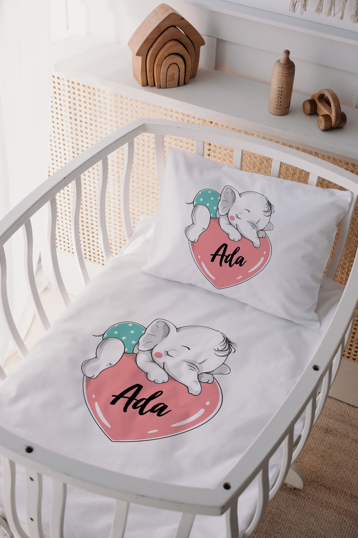 %100 Pamuk Saten Anne Yani Beşik Nevresim Takımı Fil