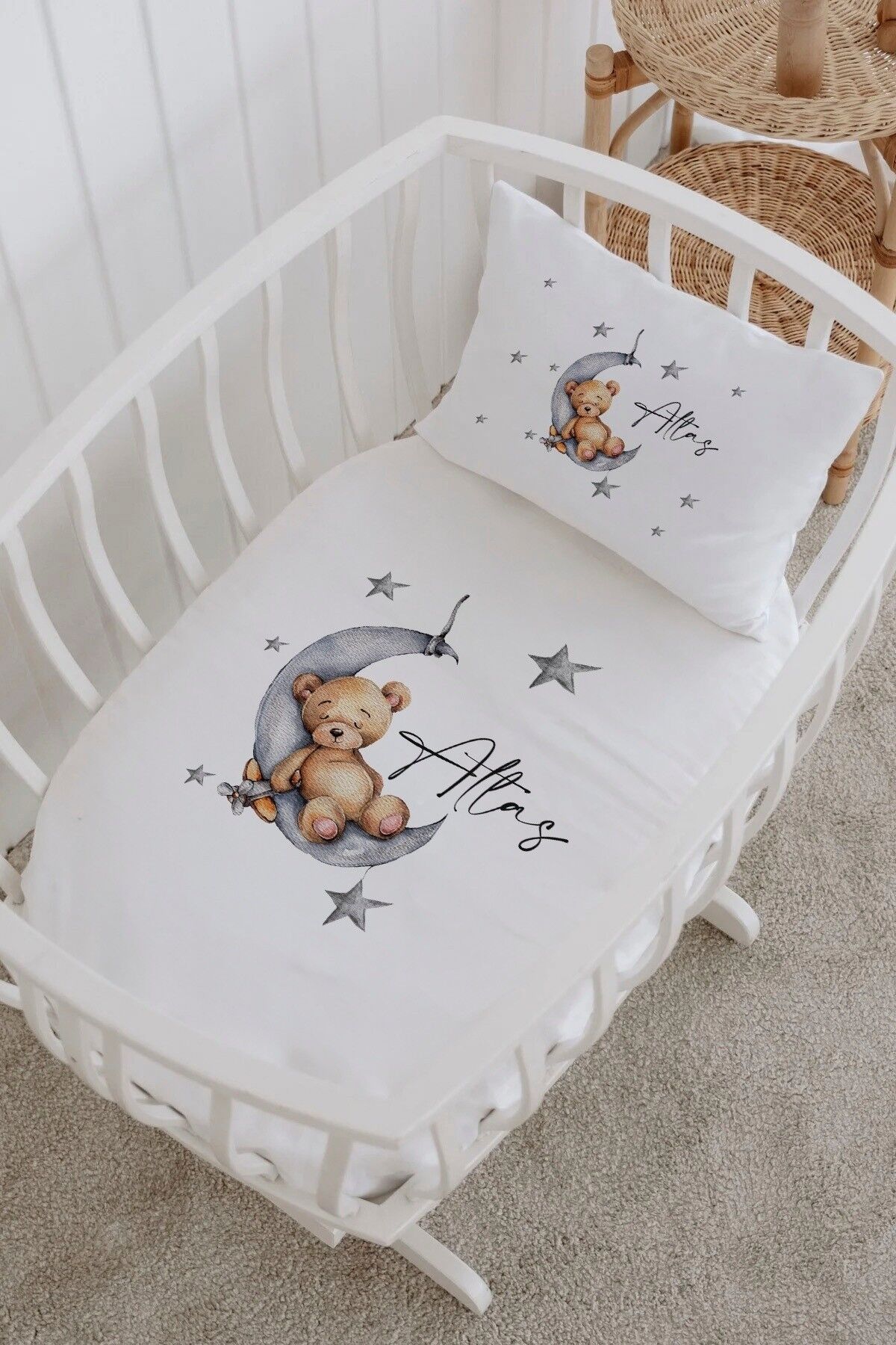 İsme Özel %100 Pamuk Park Yatak Çarşaf Seti  Aydaki Ayıcık