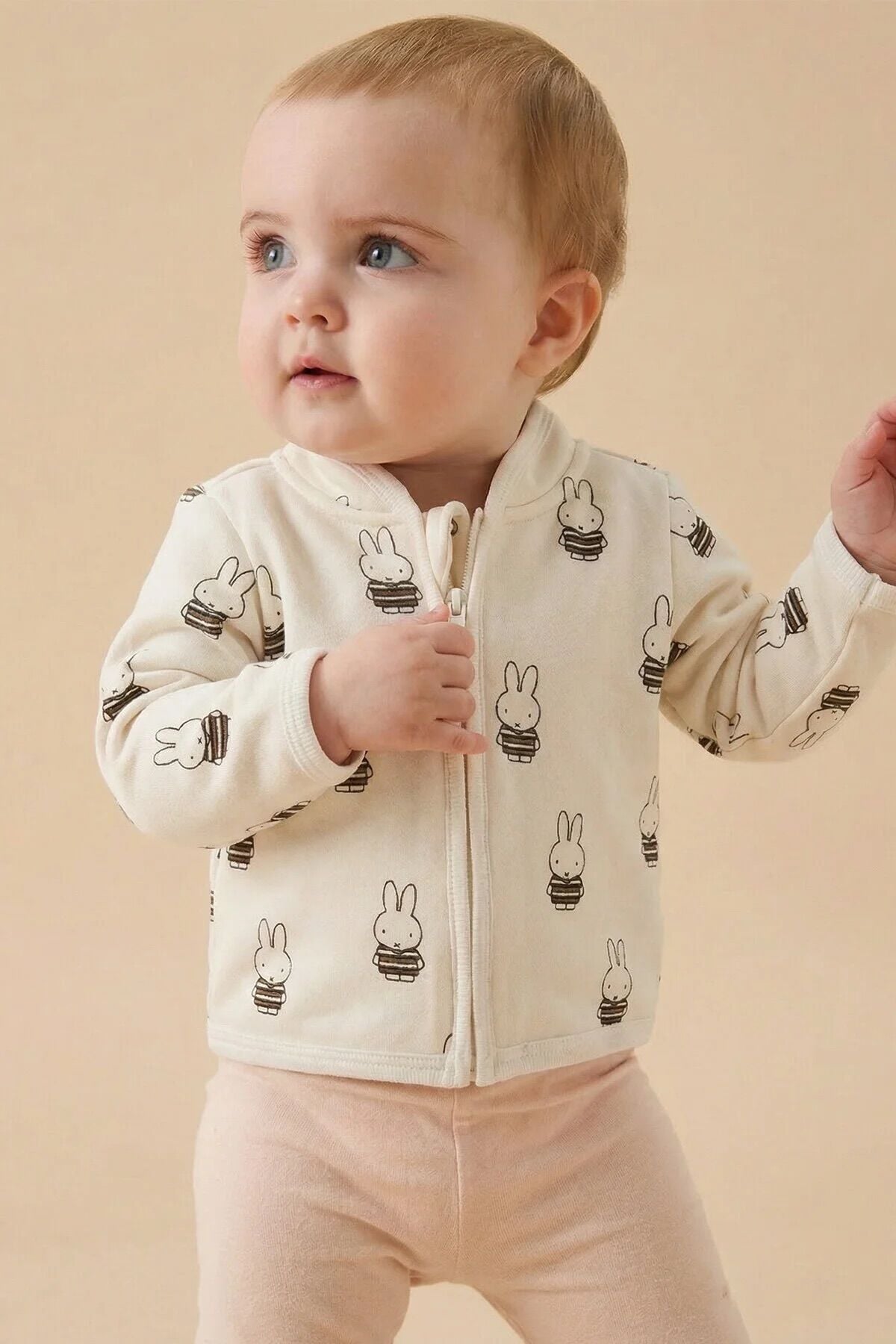 Fermuarlı Bisiklet Yaka Uzun Kol Miffy Desenli Unisex Bebek Hırka