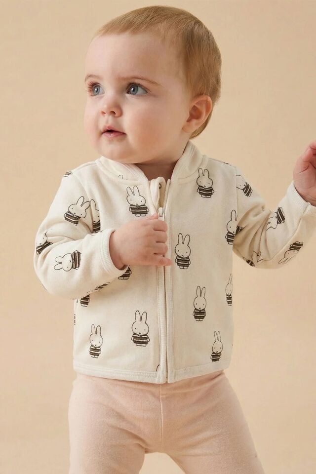 Fermuarlı Bisiklet Yaka Uzun Kol Miffy Desenli Unisex Bebek Hırka