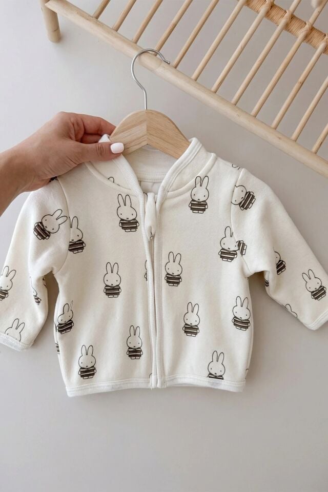 Fermuarlı Bisiklet Yaka Uzun Kol Miffy Desenli Unisex Bebek Hırka