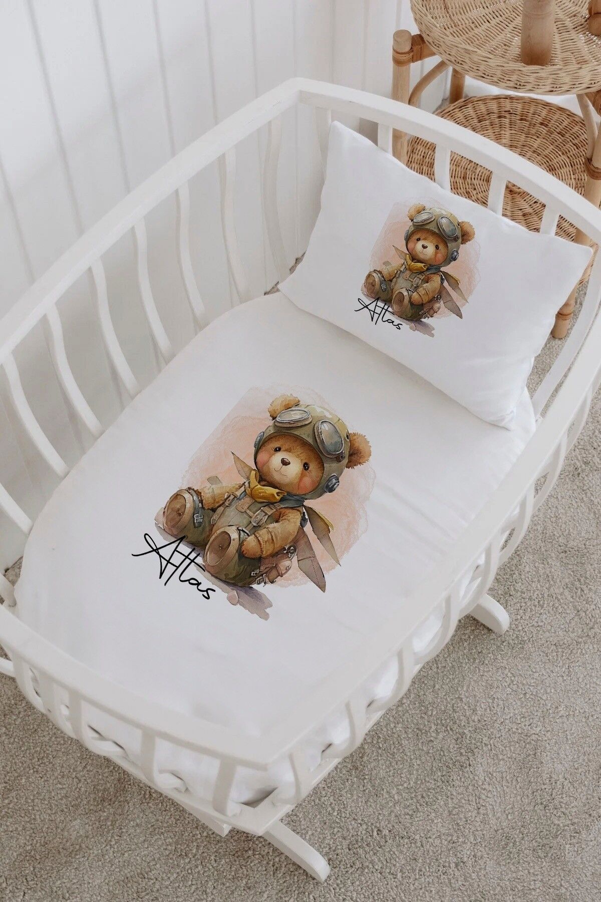 İsme Özel %100 Pamuk Park Yatak Çarşaf Seti  Pilot Ayıcık