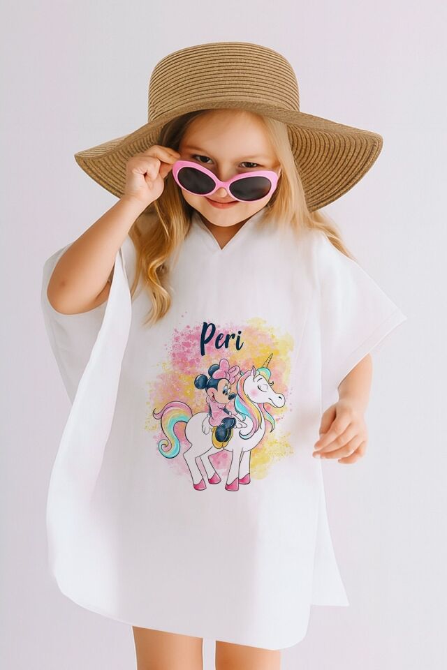 %100 Pamuk Müslin Kapüşonlu Bebek Çocuk Panço Bornoz Minnie Mouse 5-6 Yaş - Krem