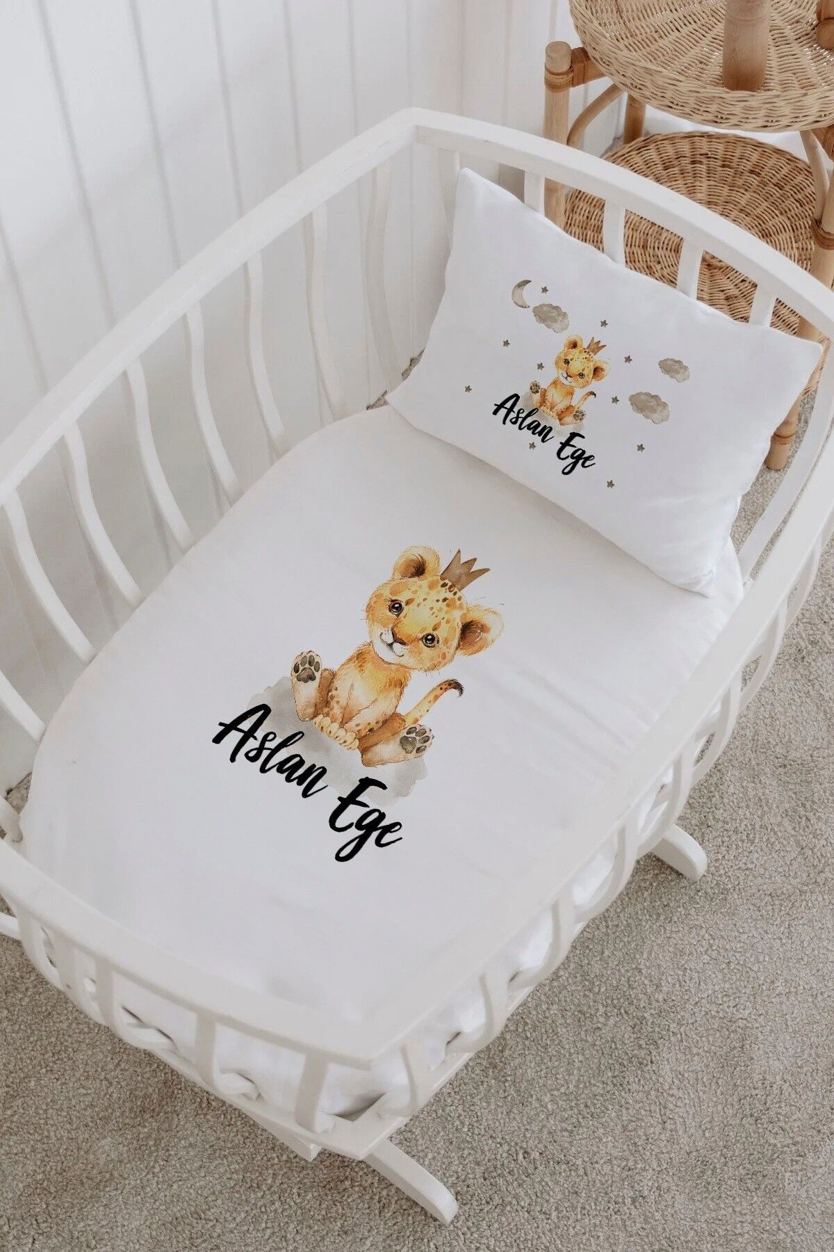 İsme Özel %100 Pamuk Park Yatak Çarşaf Seti  Taçlı Aslan