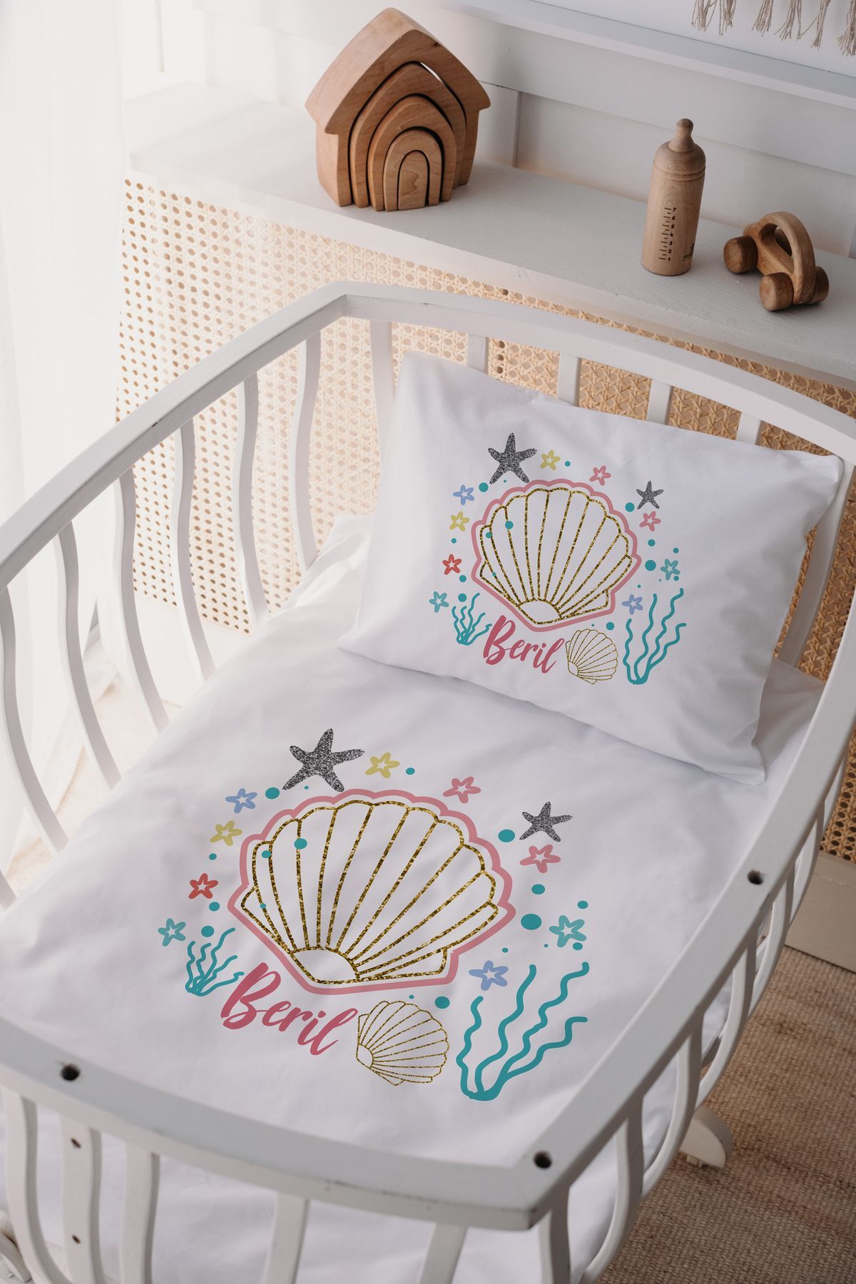 %100 Pamuk Saten Anne Yani Beşik Nevresim Takımı Deniz Kabuğu