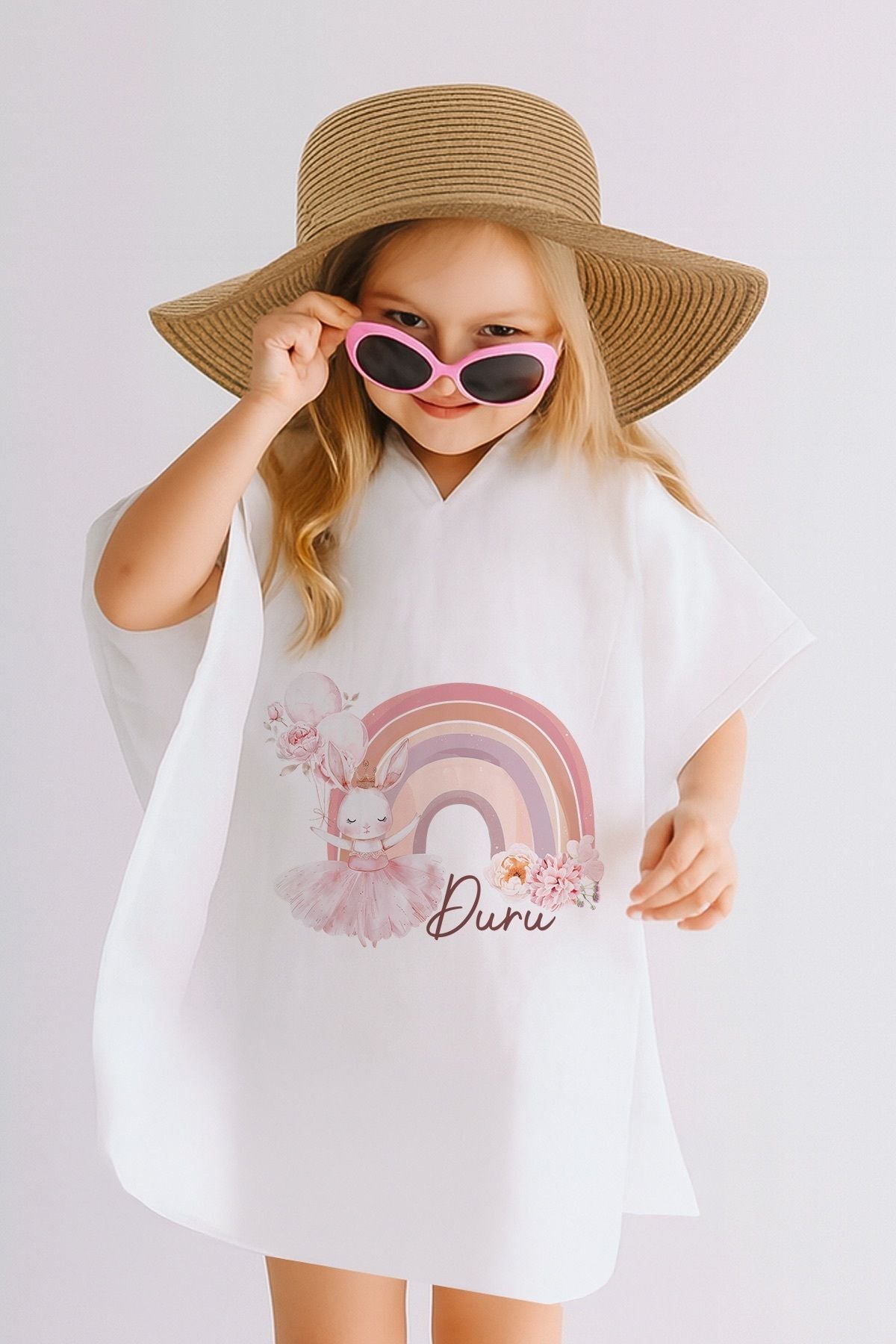 %100 Pamuk Müslin Kapüşonlu Bebek Çocuk Panço Bornoz Gökkuşağı