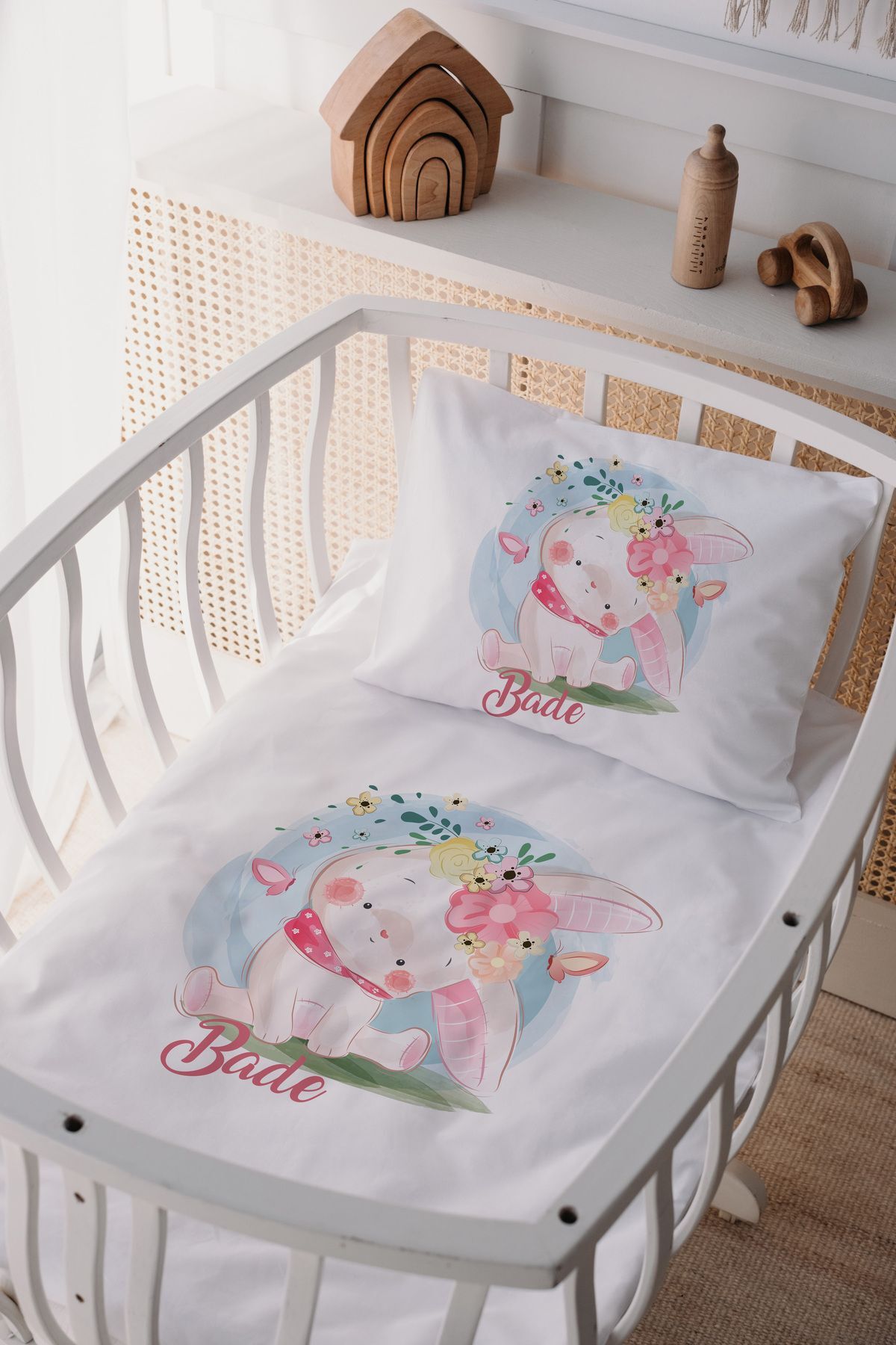 %100 Pamuk Saten Anne Yani Beşik Nevresim Takımı Tavşan