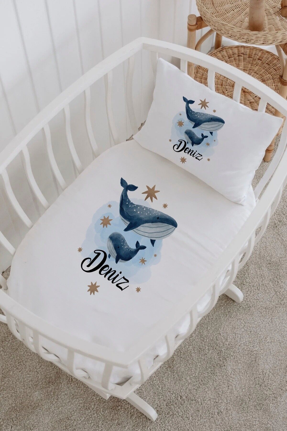İsme Özel %100 Pamuk Park Yatak Çarşaf Seti  Balina