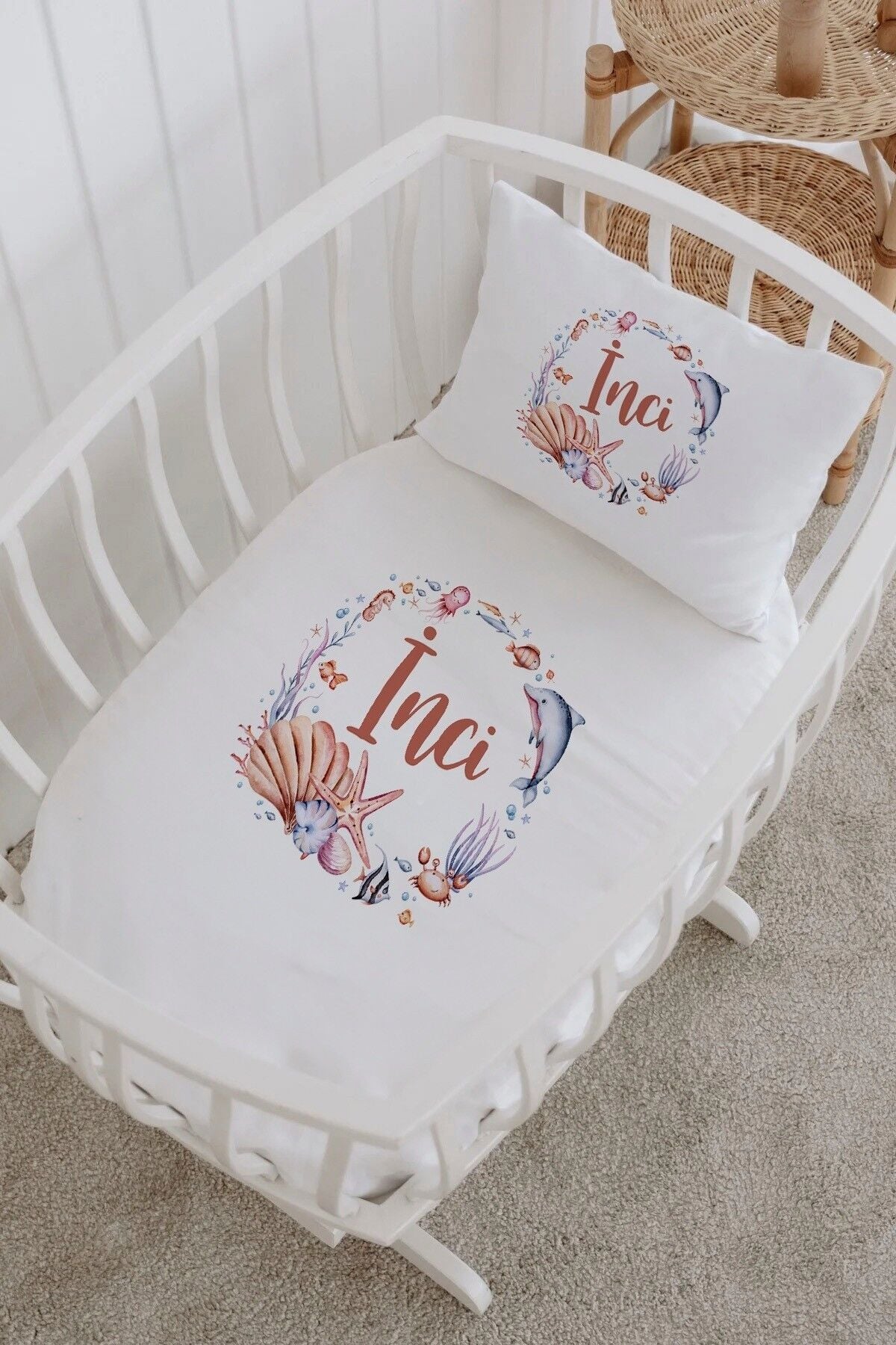 İsme Özel %100 Pamuk Park Yatak Çarşaf Seti  Deniz İncisi