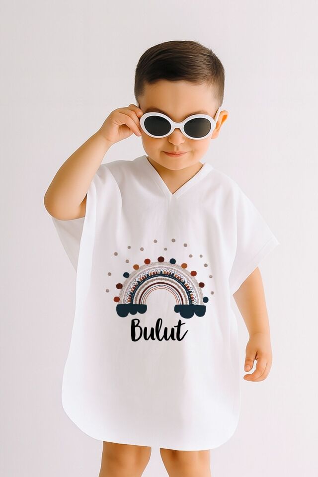 %100 Pamuk Müslin Kapüşonlu Bebek Çocuk Panço Bornoz Gökkuşağı 1-2 Yaş - Krem