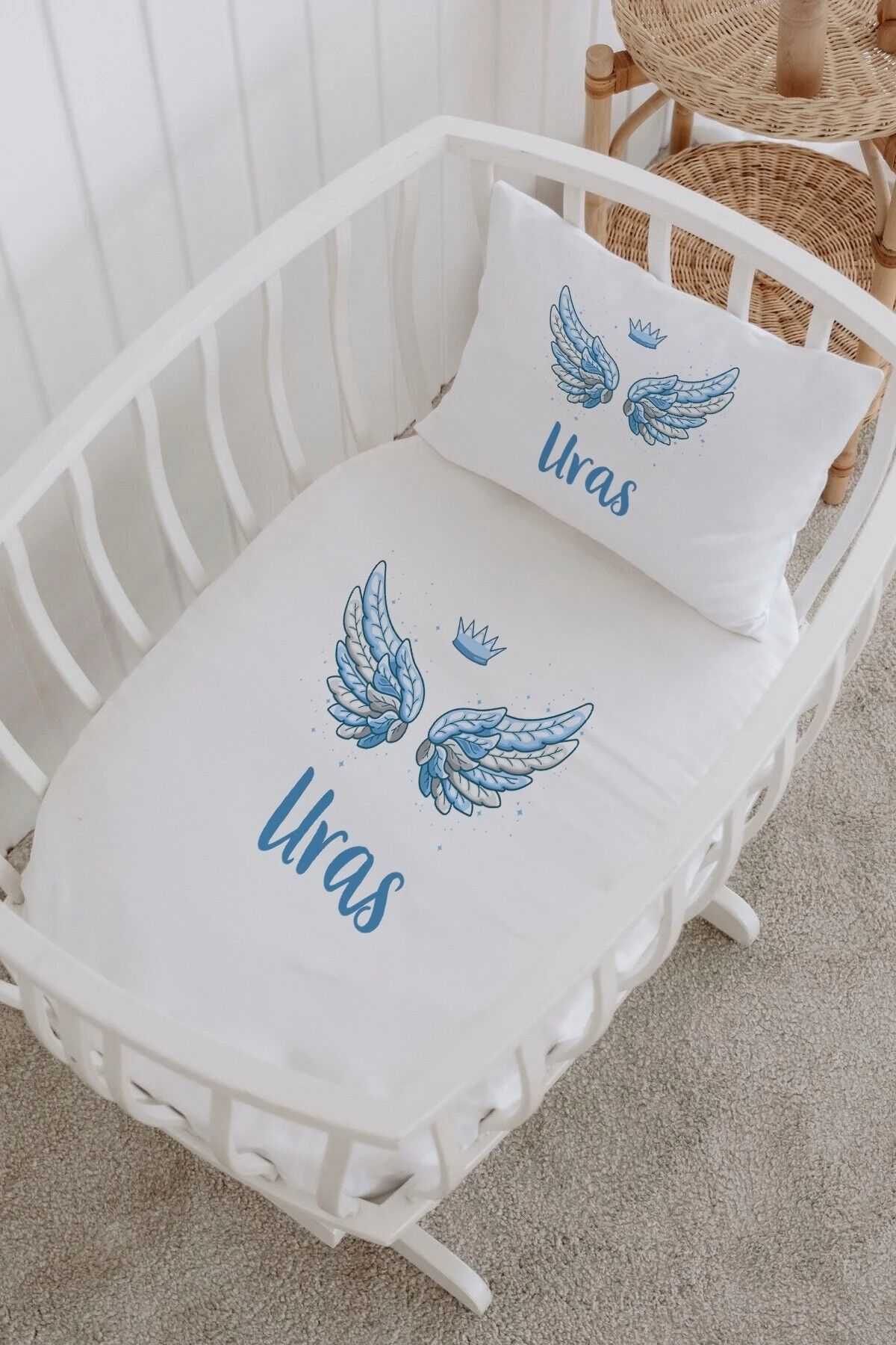 İsme Özel %100 Pamuk Park Yatak Çarşaf Seti  Mavi Kanat