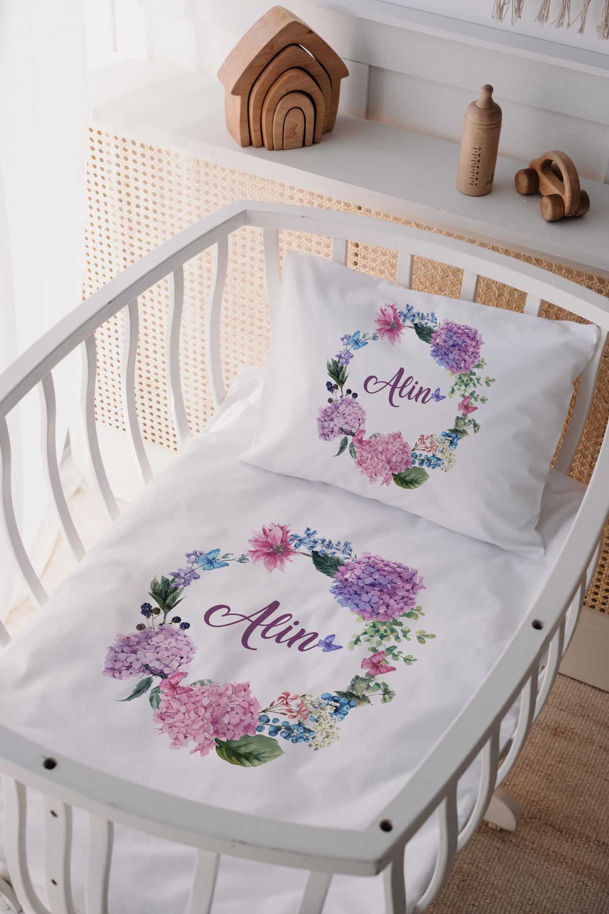 %100 Pamuk Saten Anne Yani Beşik Nevresim Takımı Çiçek