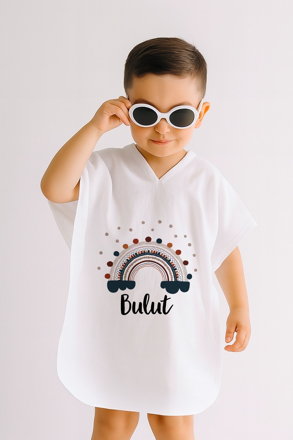 %100 Pamuk Müslin Kapüşonlu Bebek Çocuk Panço Bornoz Gökkuşağı 5-6 Yaş - Krem