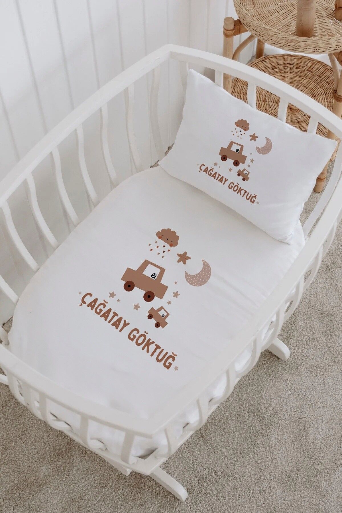 İsme Özel %100 Pamuk Park Yatak Çarşaf Seti  Tahta Araba