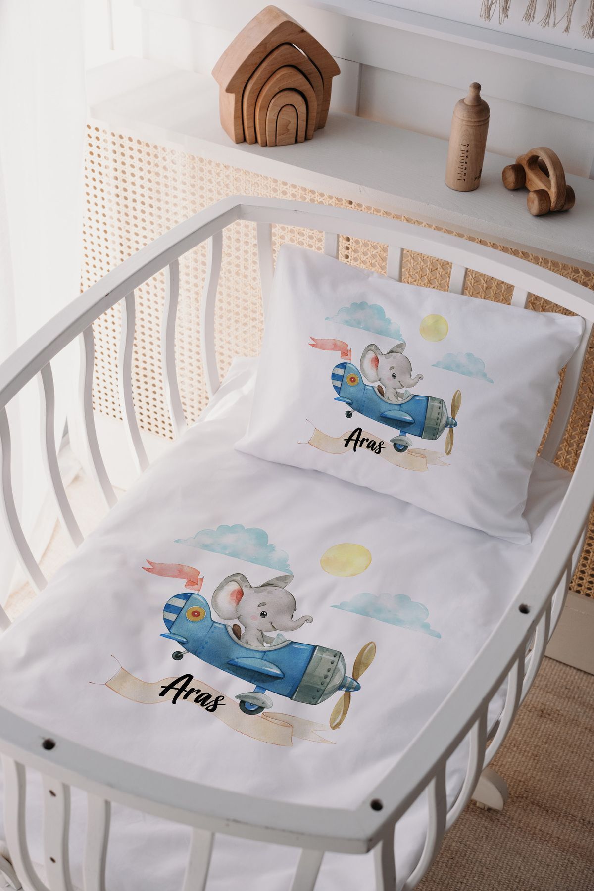 %100 Pamuk Saten Anne Yani Beşik Nevresim Takımı Fil