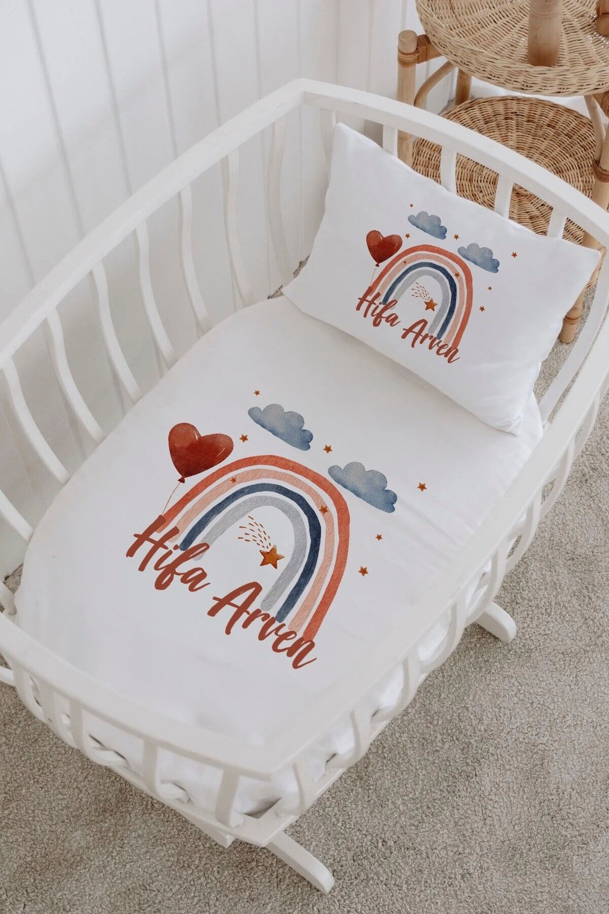 İsme Özel %100 Pamuk Park Yatak Çarşaf Seti  Kalpli Balon Gökkuşağı