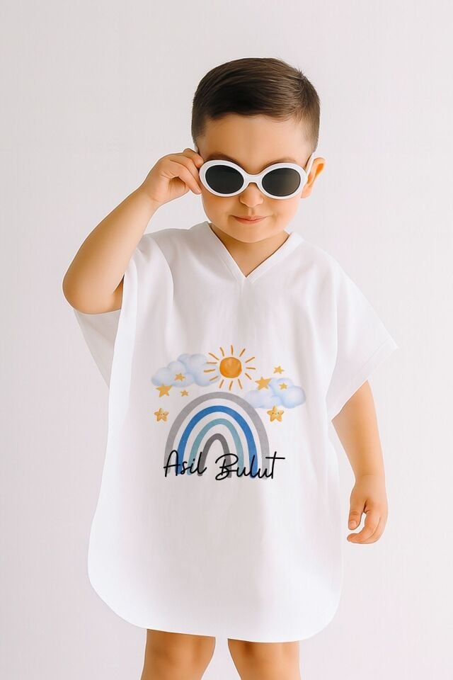 %100 Pamuk Müslin Kapüşonlu Bebek Çocuk Panço Bornoz Gökkuşağı