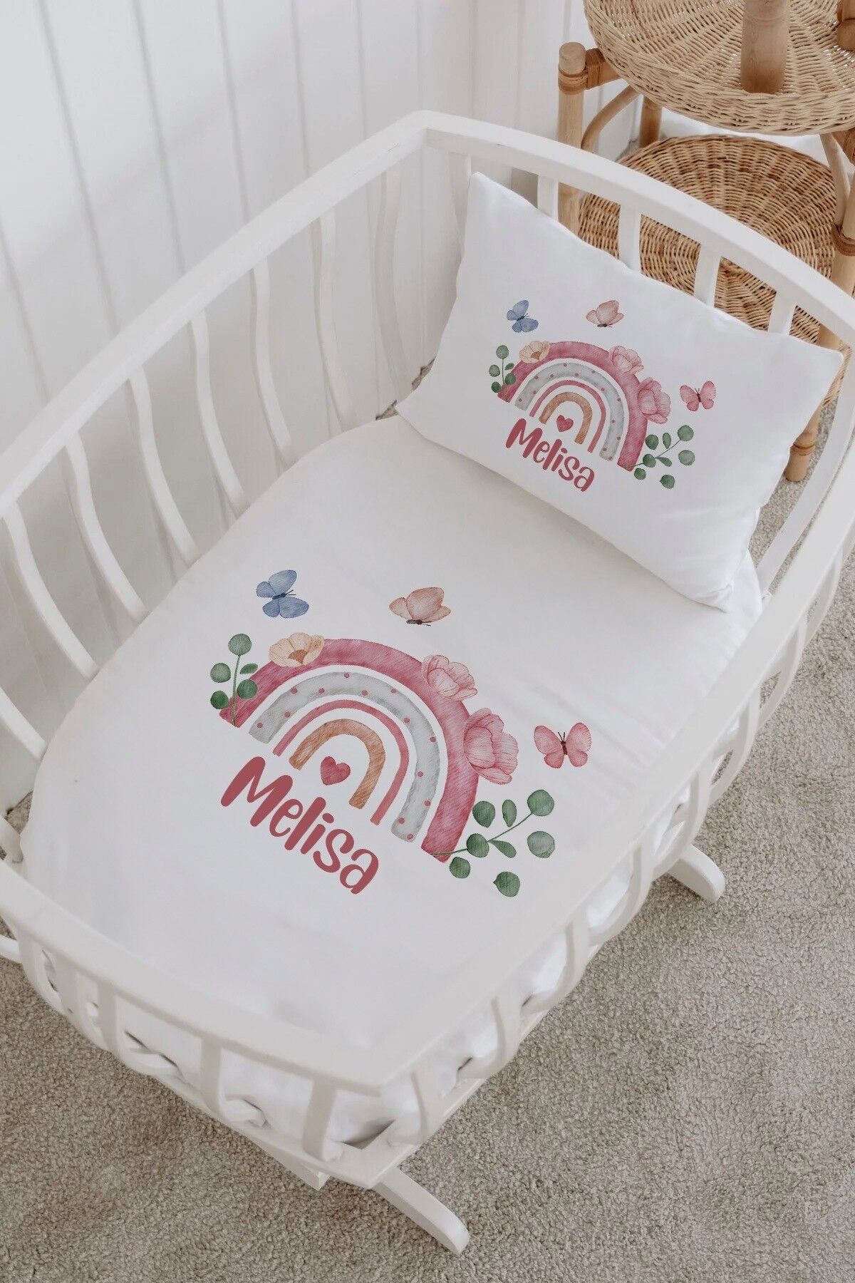 İsme Özel %100 Pamuk Park Yatak Çarşaf Seti  Kelebek Gökkuşağı