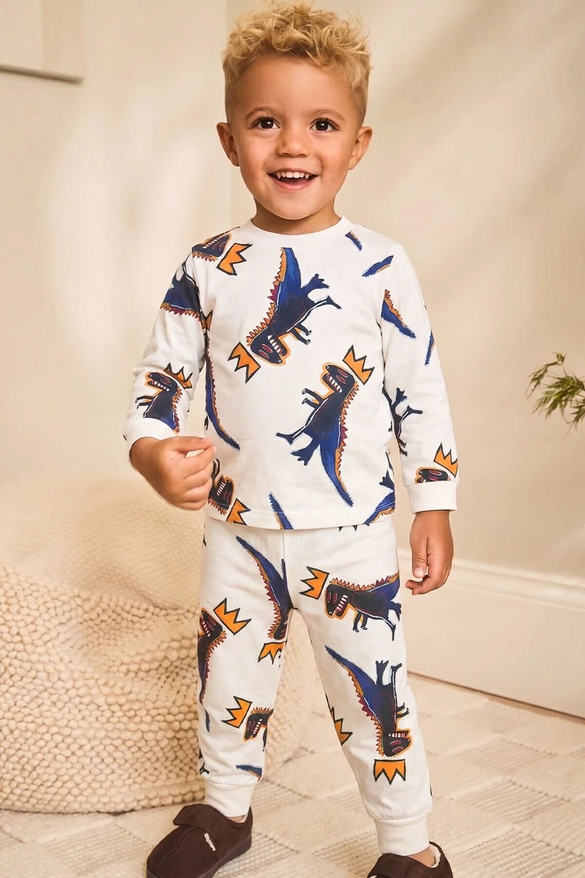 %100 Pamuk Dinazor Desenli Uzun Kollu Erkek Çocuk Pijama Takımı