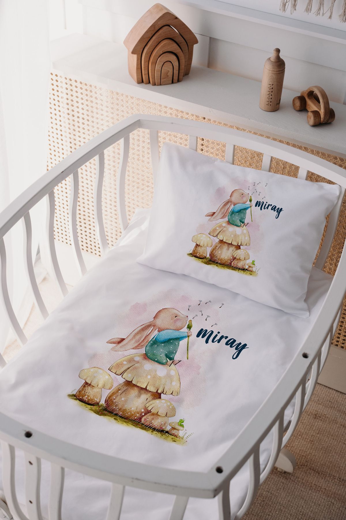 %100 Pamuk Saten Anne Yani Beşik Nevresim Takımı Tavşan