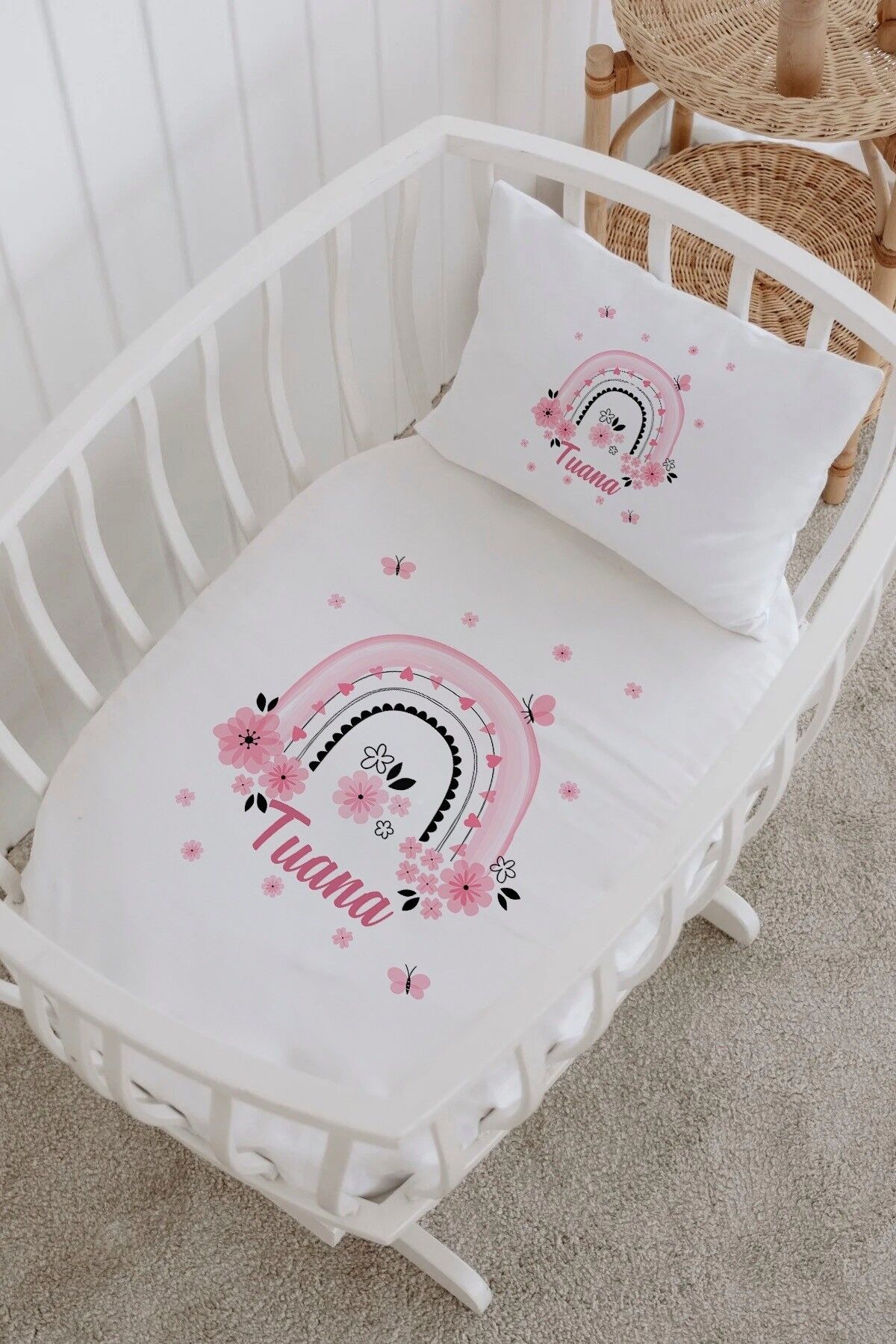 İsme Özel %100 Pamuk Park Yatak Çarşaf Seti  Papatya Gökkuşağı