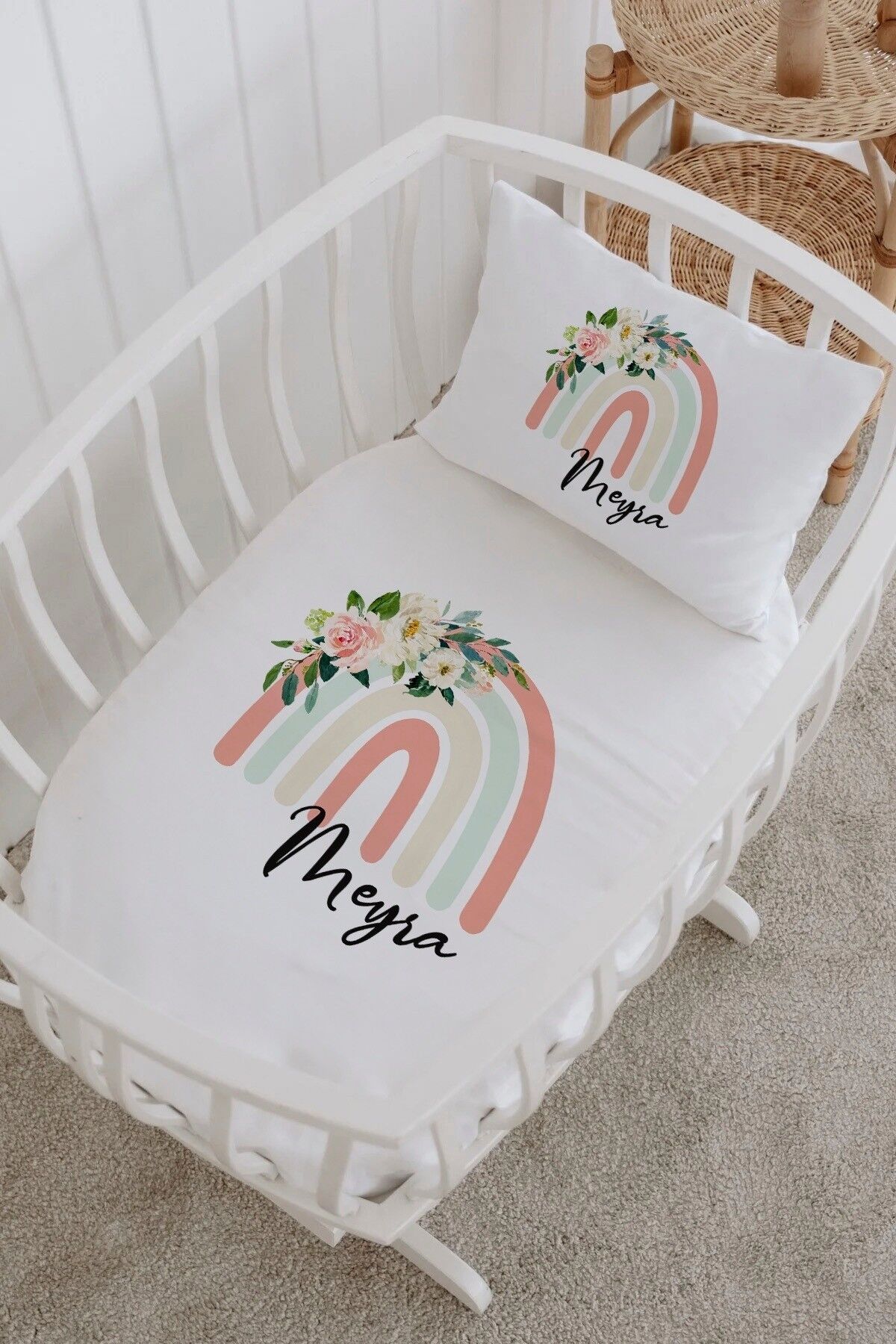 İsme Özel %100 Pamuk Park Yatak Çarşaf Seti  Pudra Gökkuşağı