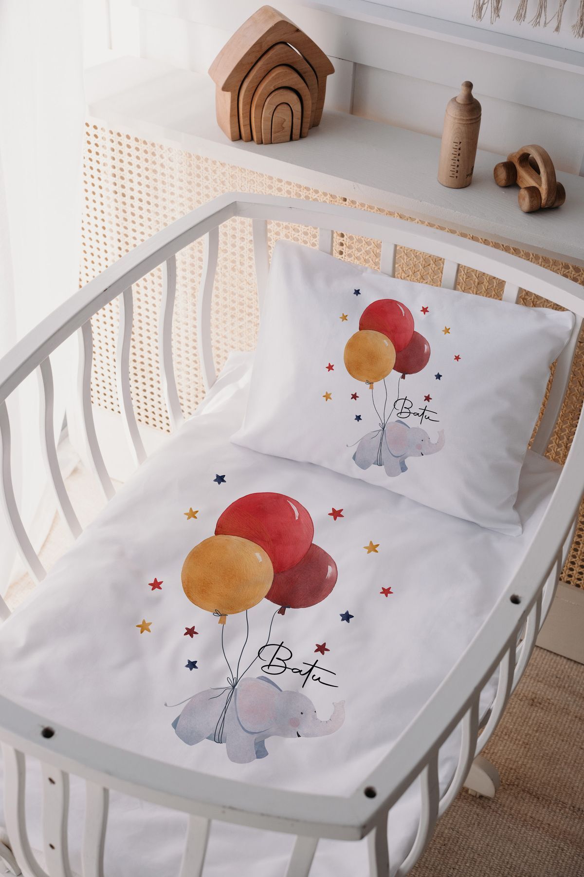 %100 Pamuk Saten Anne Yani Beşik Nevresim Takımı Fil