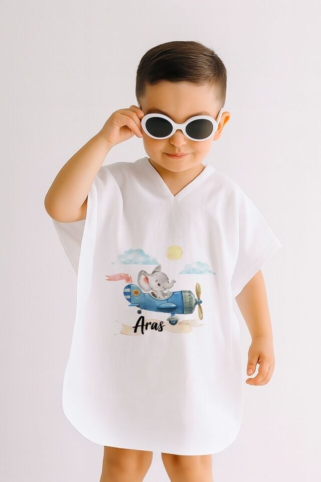 %100 Pamuk Müslin Kapüşonlu Bebek Çocuk Panço Bornoz Fil