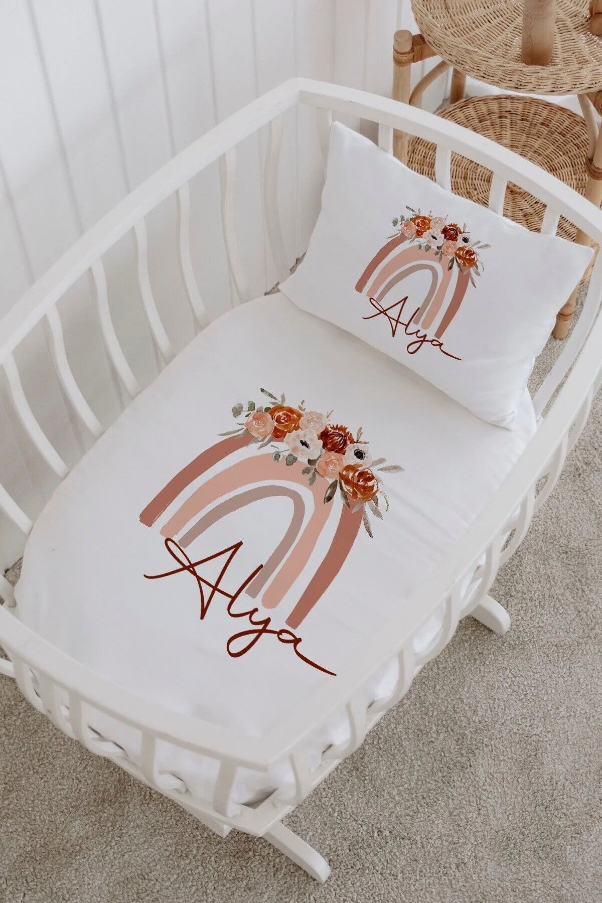 İsme Özel %100 Pamuk Park Yatak Çarşaf Seti  Kiremit Gökkuşağı