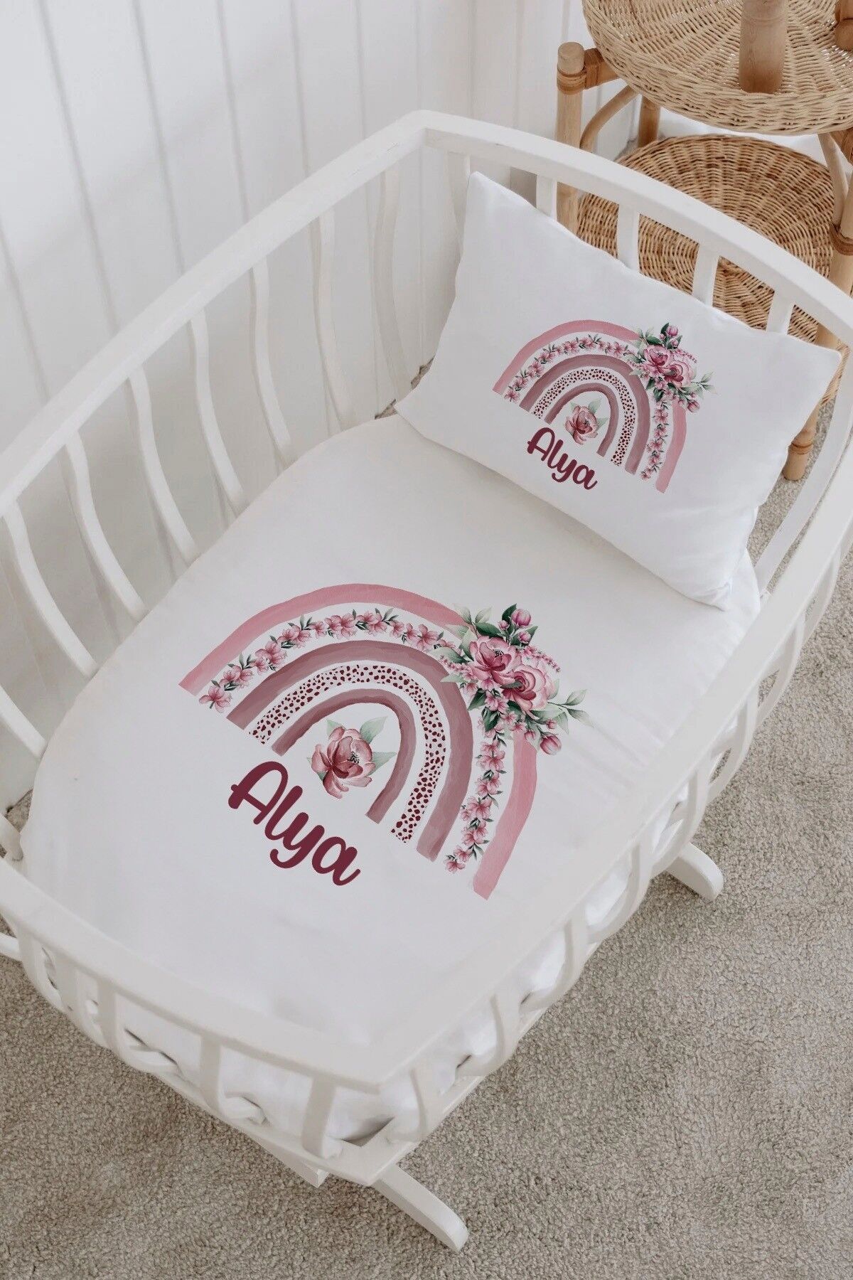 İsme Özel %100 Pamuk Park Yatak Çarşaf Seti  Mor Gökkuşağı