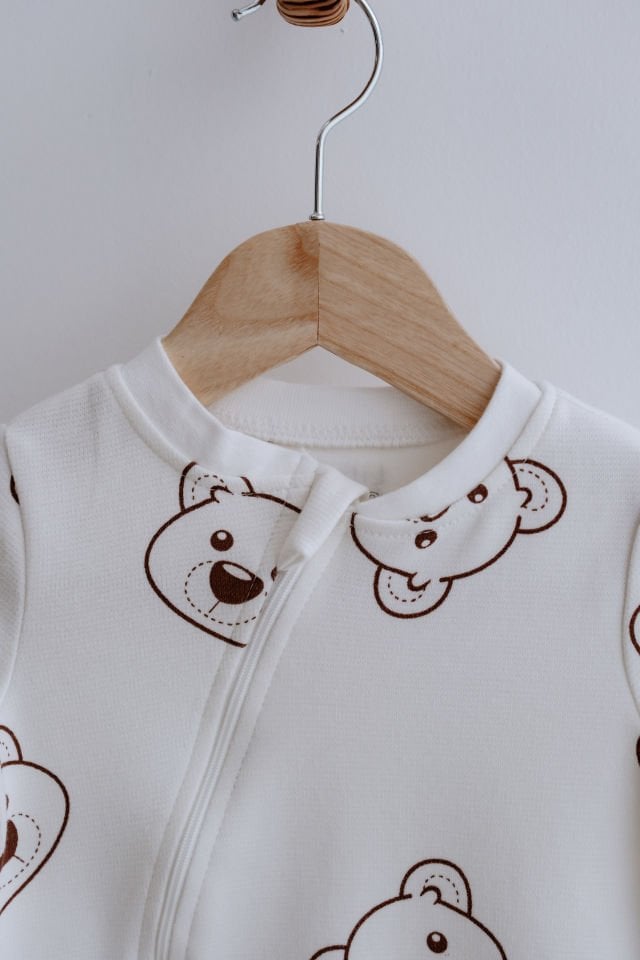 %100 Pamuk Uzun Kollu Fermuarlı Bebek Tulum Ayıcık Desenli