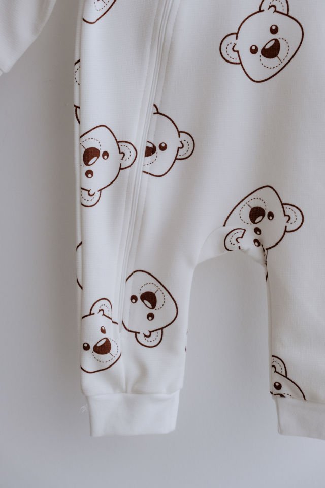 %100 Pamuk Uzun Kollu Fermuarlı Bebek Tulum Ayıcık Desenli