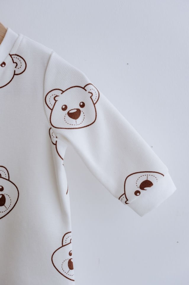 %100 Pamuk Uzun Kollu Fermuarlı Bebek Tulum Ayıcık Desenli