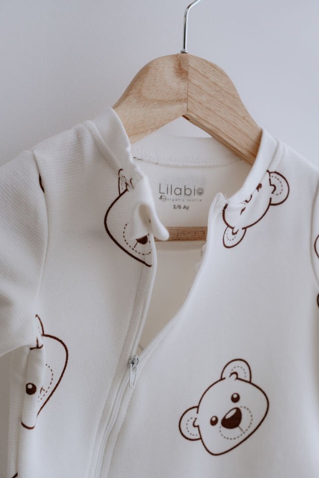 %100 Pamuk Uzun Kollu Fermuarlı Bebek Tulum Ayıcık Desenli